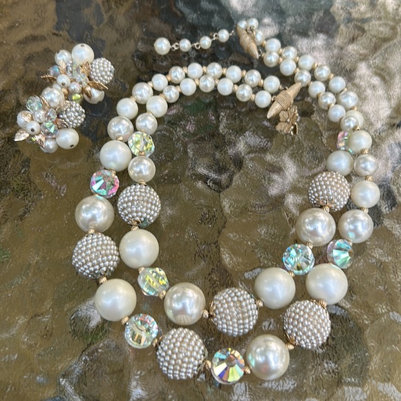 Vendome Vintage Faux Pearl & AB Crystal Necklace and Matching Cluster Clip Ons - Picture 13 of 16